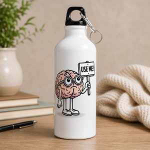 White funny brain water bottle featuring a cartoon brain wearing glasses and holding a “USE ME!” sign