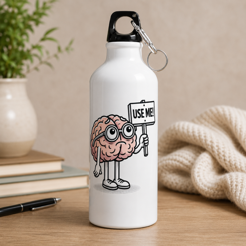 White funny brain water bottle featuring a cartoon brain wearing glasses and holding a “USE ME!” sign