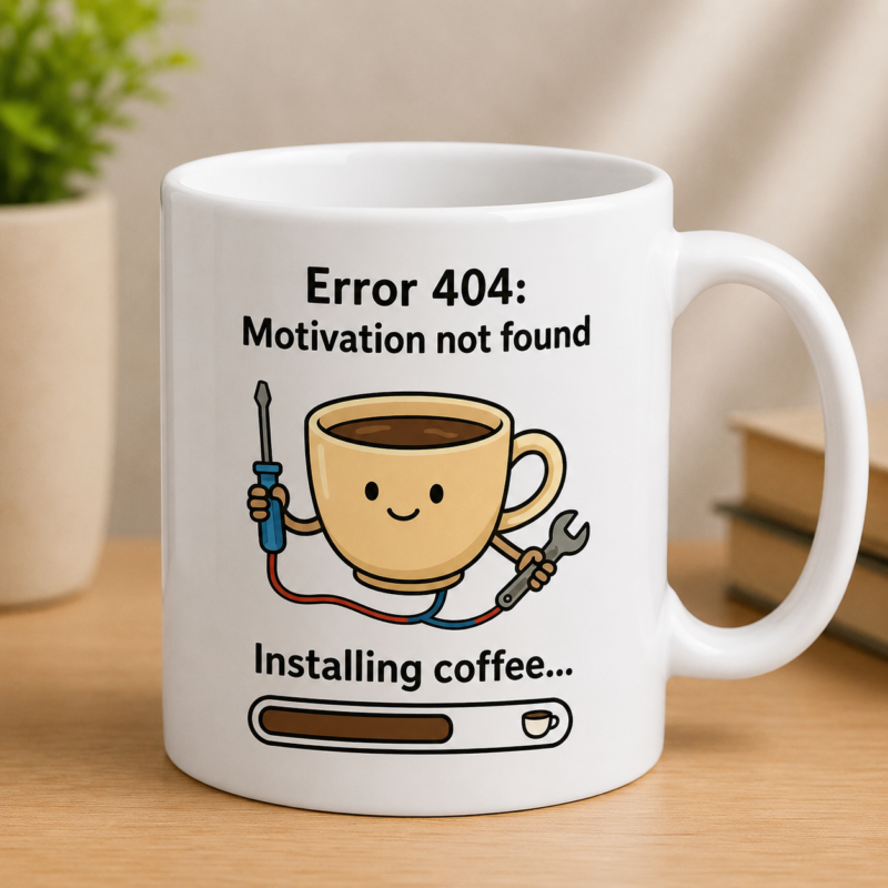 Funny coffee sticker with Error 404 motivation not found message and cartoon coffee cup Image Title: