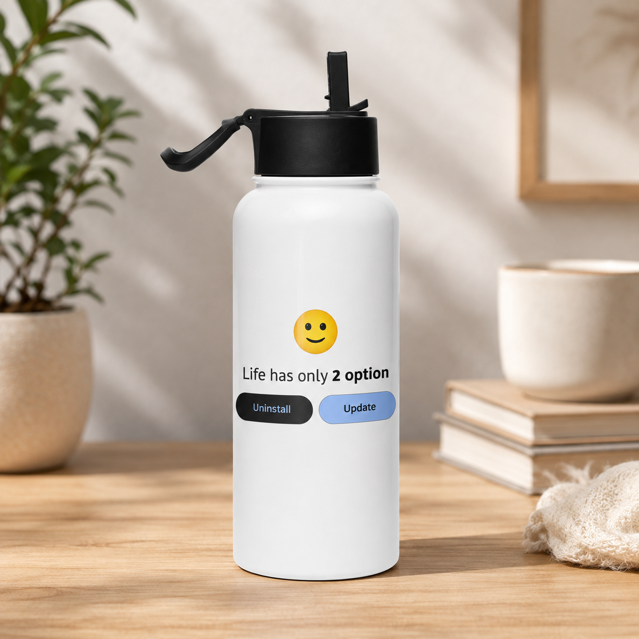 White funny printed water bottle with smiley face and Uninstall or Update graphic
