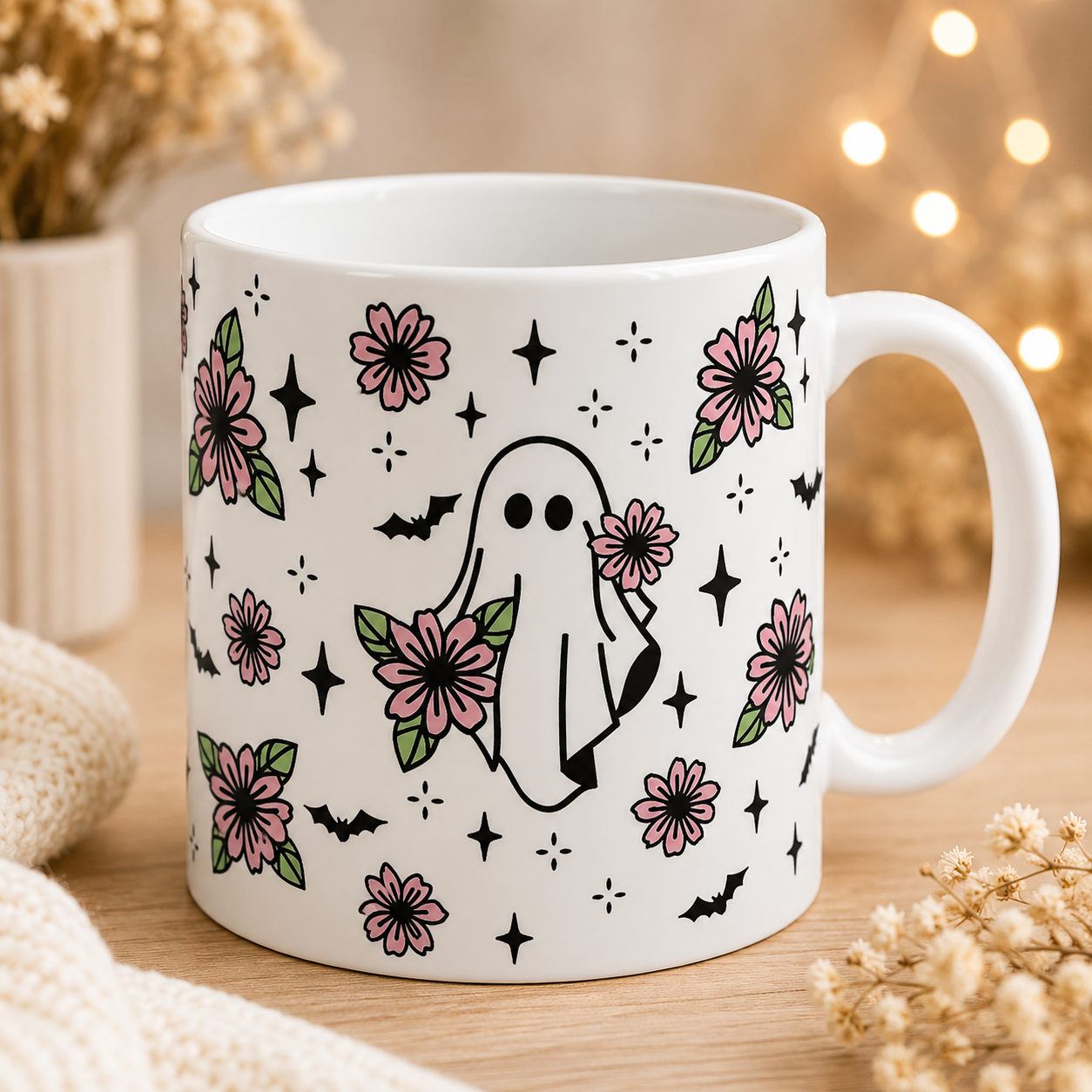 Ghost & Pink Flower Halloween White Mug