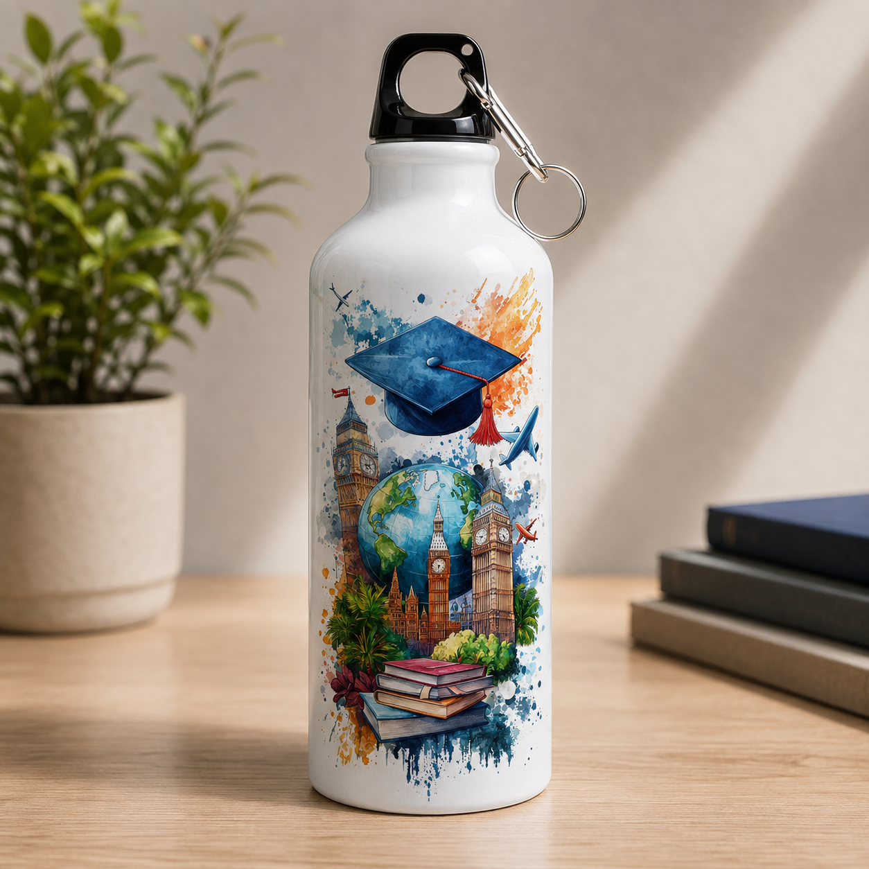 White graduation travel water bottle with globe, graduation cap, books, airplanes and London landmark artwork