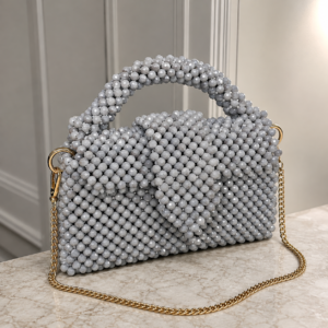 Grey Crystal Beaded Handmade Chain Bag