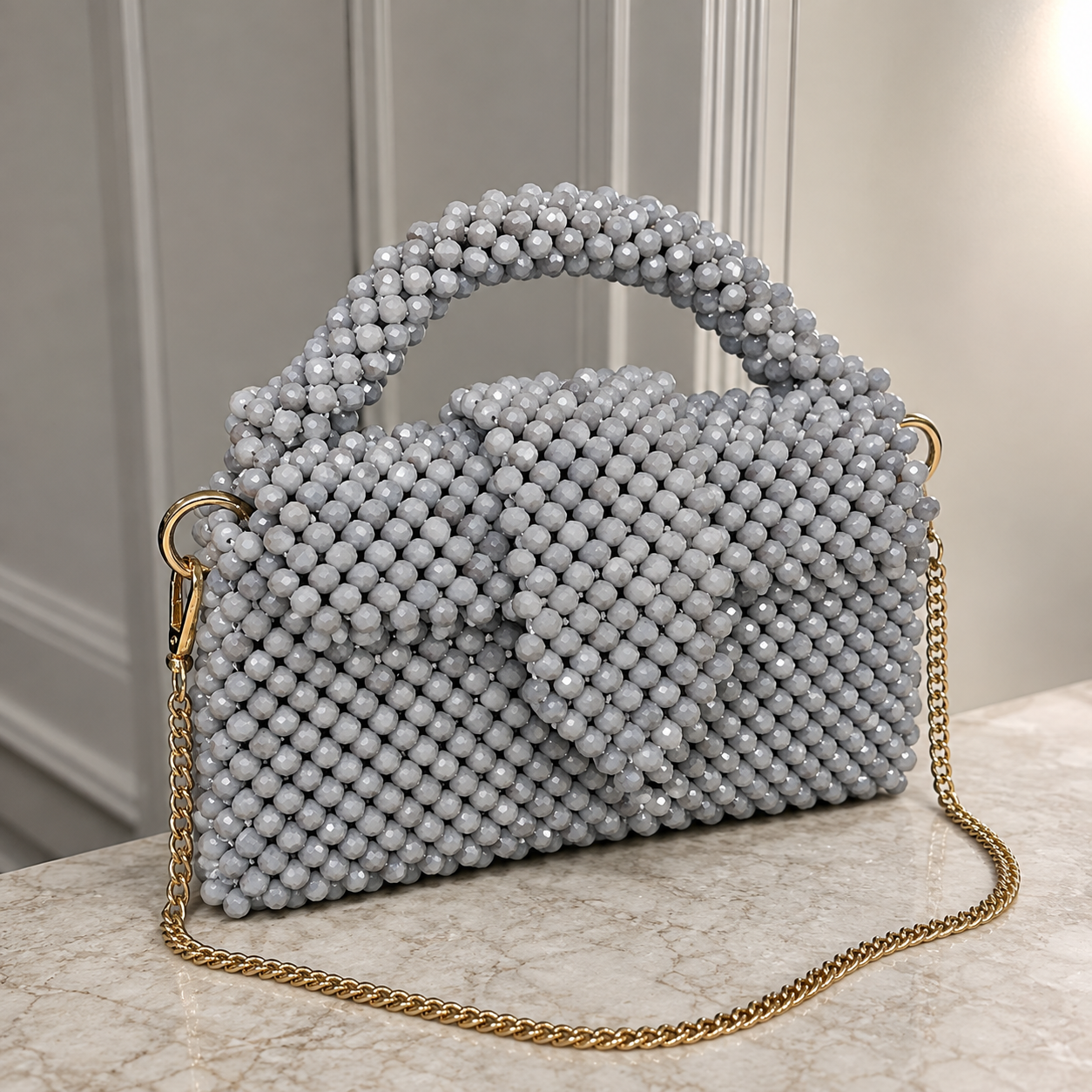 Grey Crystal Beaded Handmade Chain Bag
