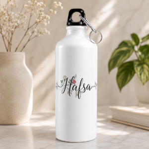 Hafsa name water bottle in white with black script lettering and floral rose design