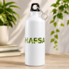 Hafsa name water bottle with bold lettering and green calligraphy on a white bottle