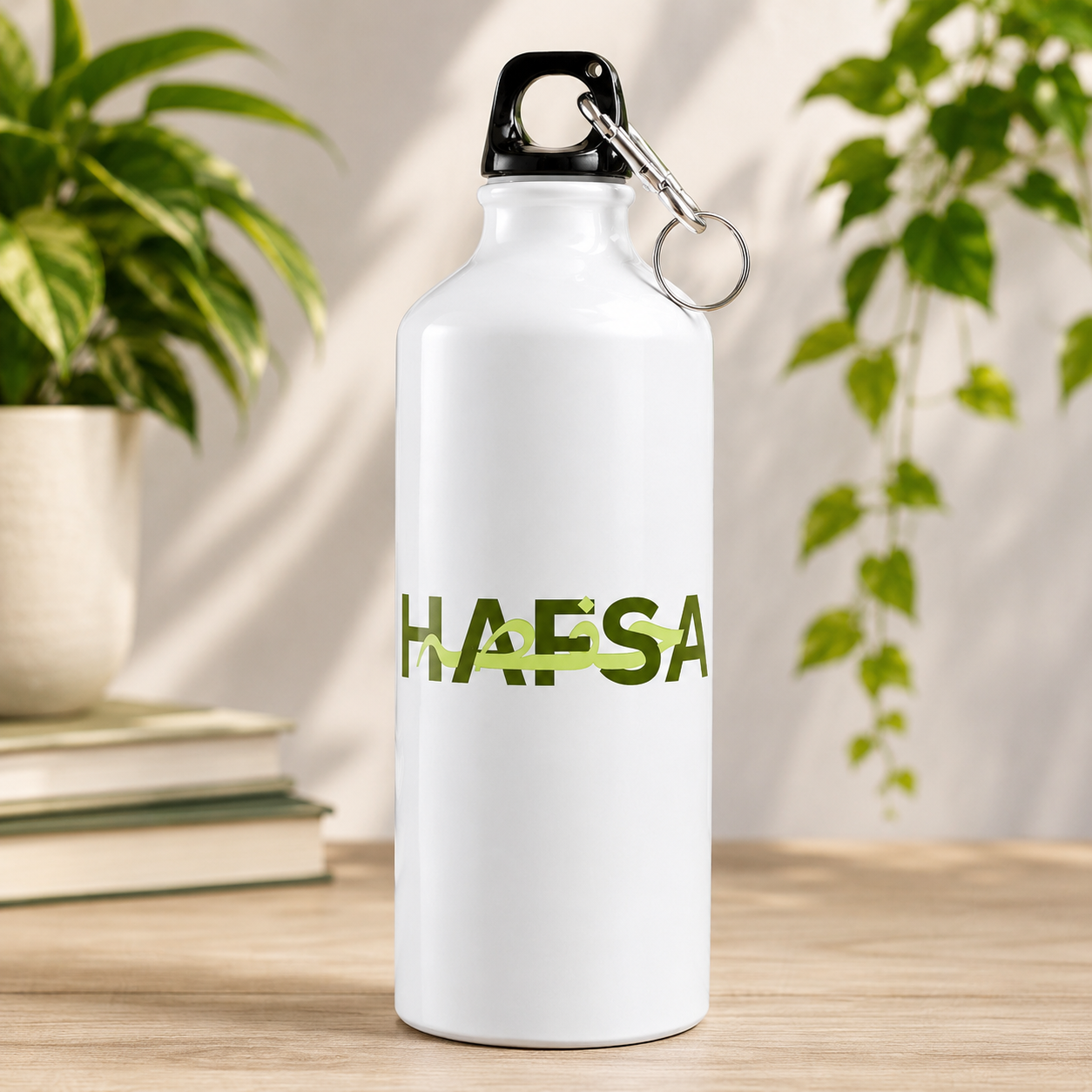 Hafsa name water bottle with bold lettering and green calligraphy on a white bottle