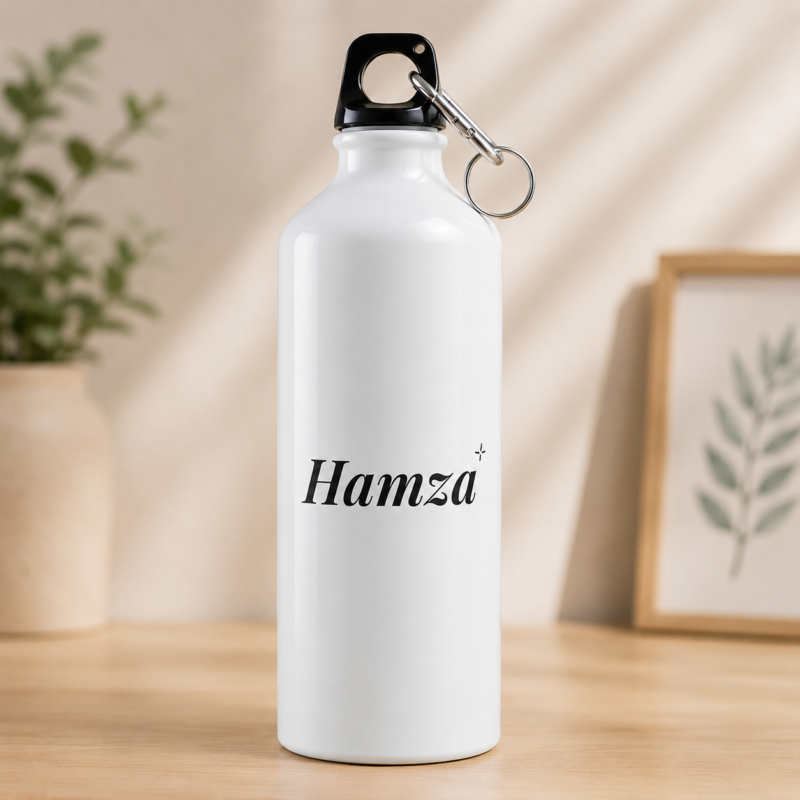 Hamza name water bottle with elegant black lettering on a white bottle