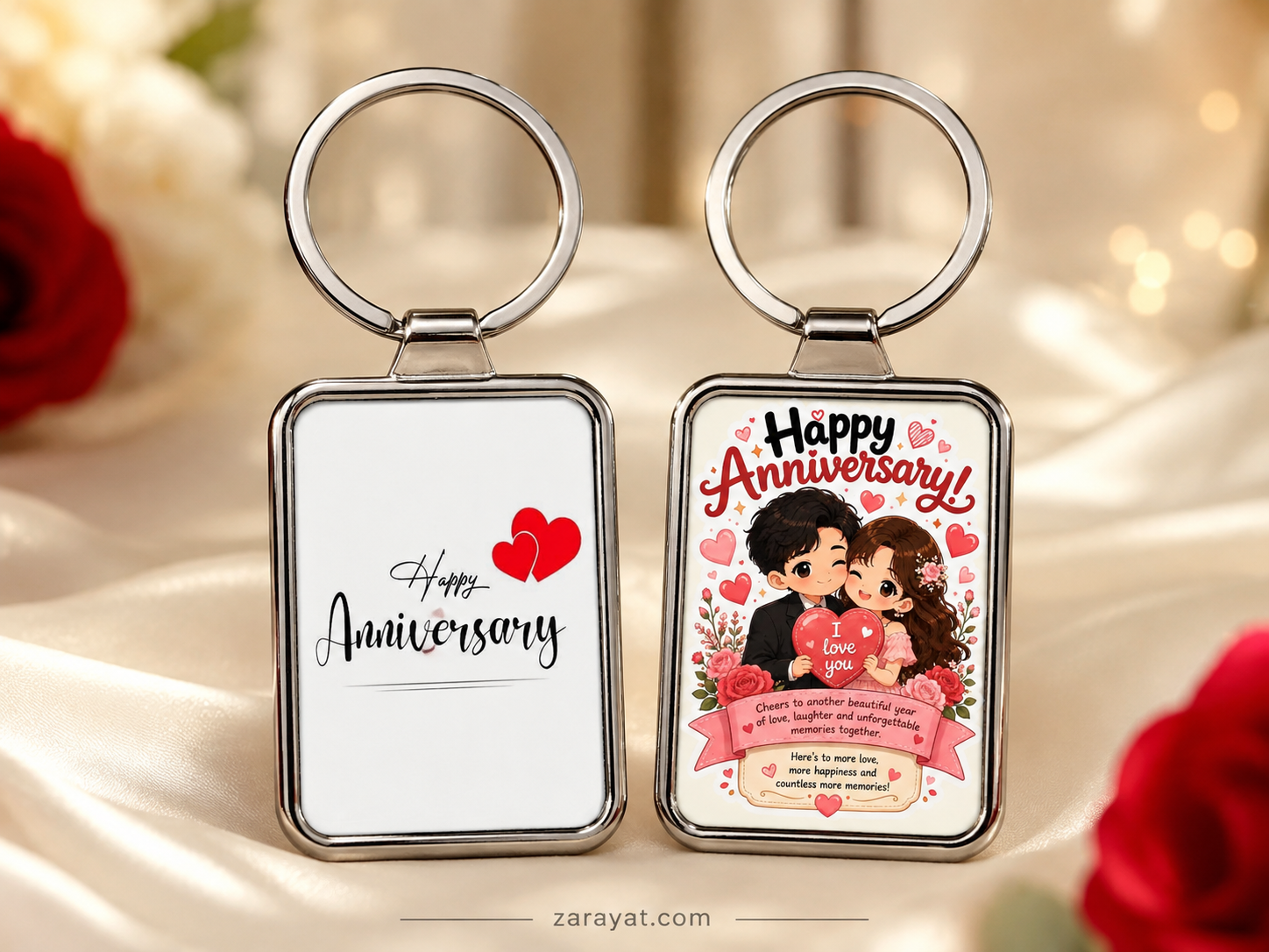 Happy Anniversary keychain with romantic hearts and couple artwork