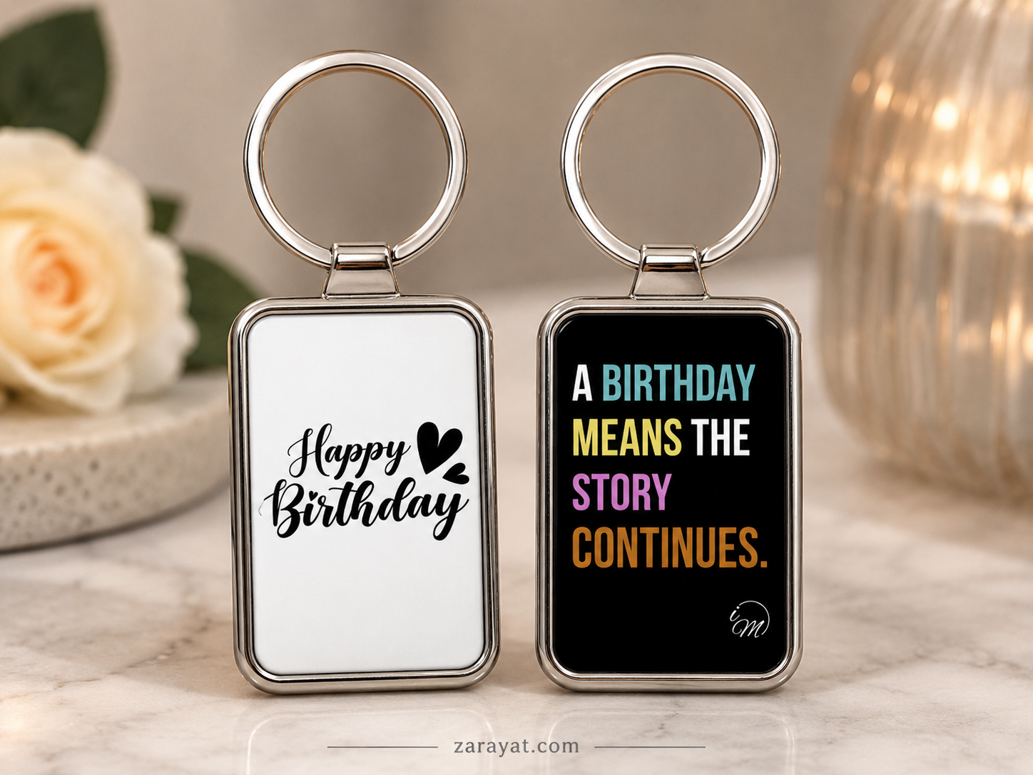Happy Birthday keychain with heart graphic and birthday quote design