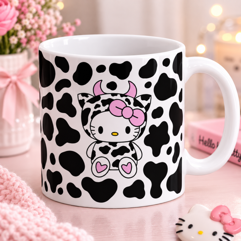 Hello Kitty Cow Print Pink Bow White Mug