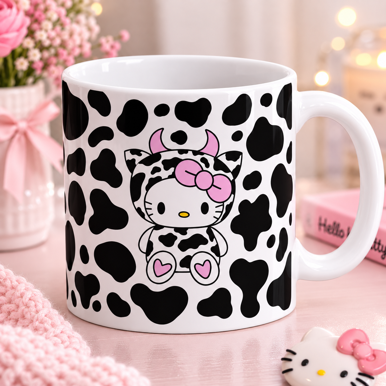Hello Kitty Cow Print Pink Bow White Mug