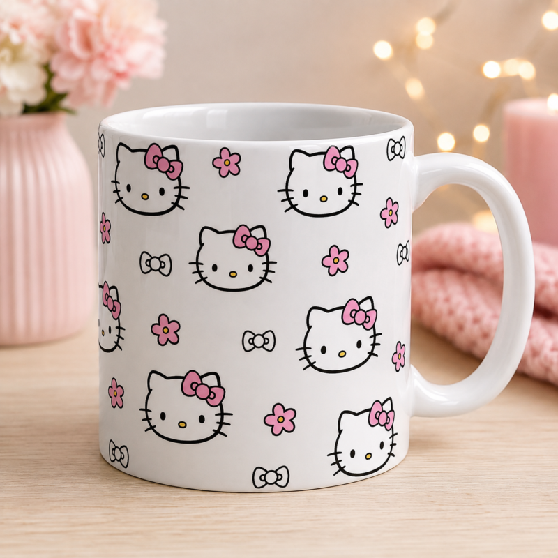 Hello Kitty Pink Bow & Flower Pattern White Mug