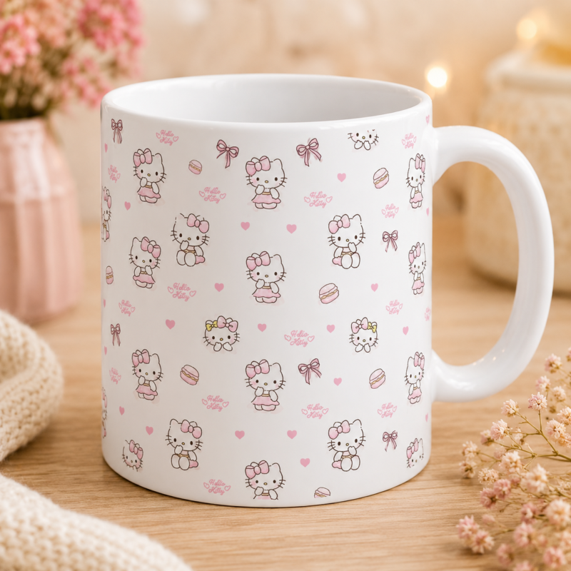 Hello Kitty Pink Bow & Macaron Pattern White Mug