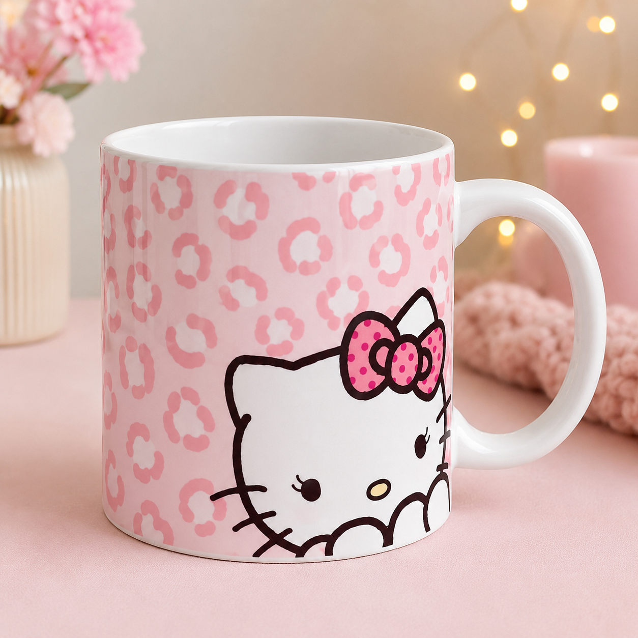 Hello Kitty Pink Leopard Print Bow White Mug