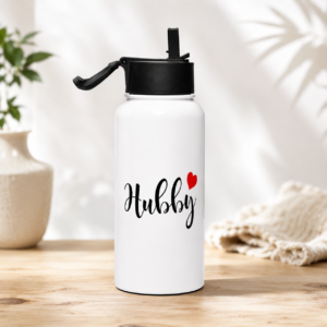 White Hubby water bottle with black script lettering and red heart