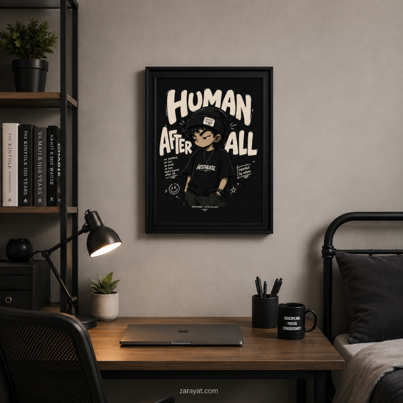 Human After All anime wall art featuring an illustrated character with cream typography on a black background