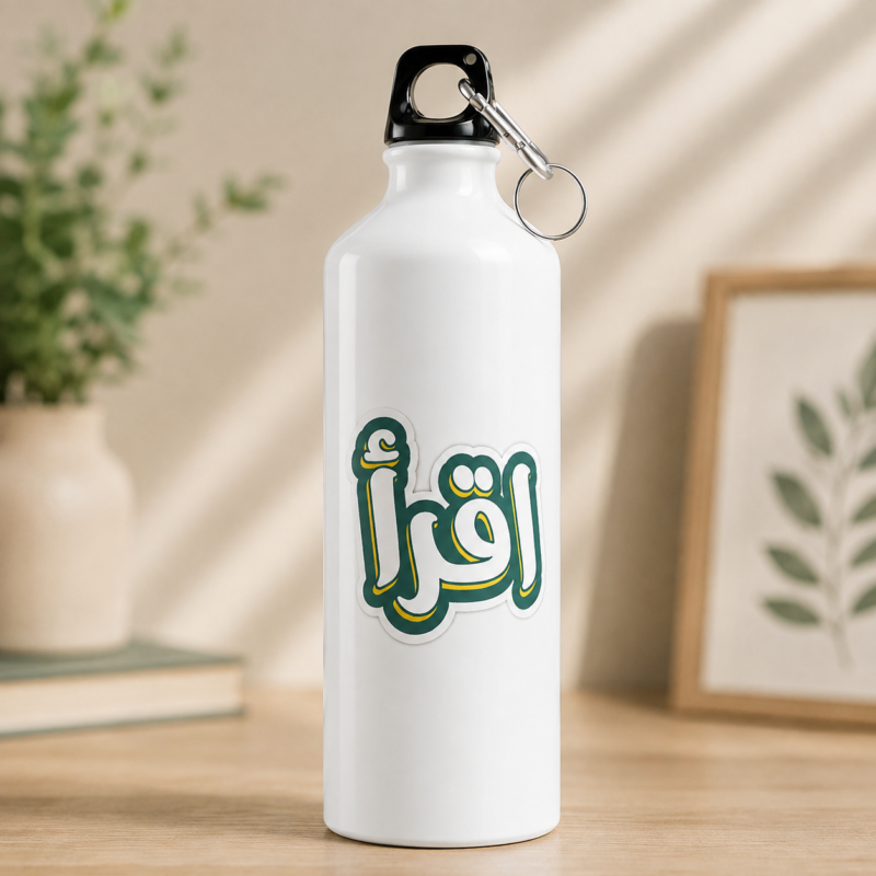 Iqra name water bottle with Arabic-style calligraphy in dark green and gold on a white bottle