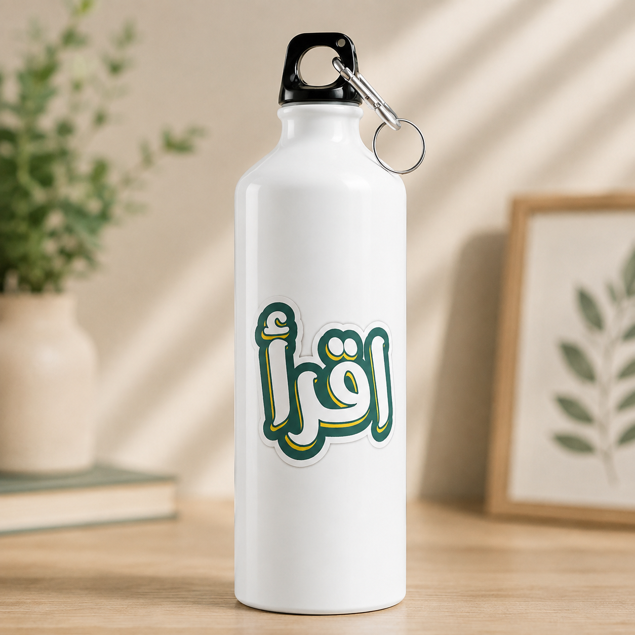 Iqra name water bottle with Arabic-style calligraphy in dark green and gold on a white bottle