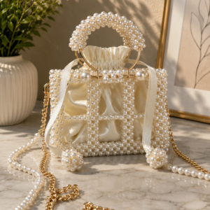 Ivory Pearl Beaded Handmade Bag with Gold-Tone Chain