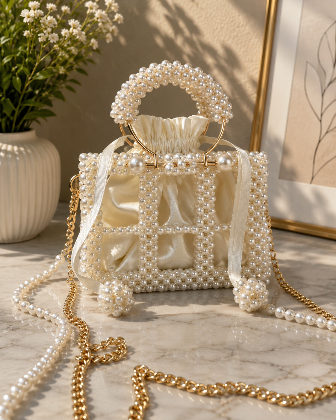 Ivory Pearl Beaded Handmade Bag with Gold-Tone Chain