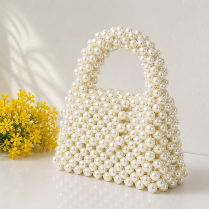 Ivory Pearl Beaded Handmade Top Handle Bag