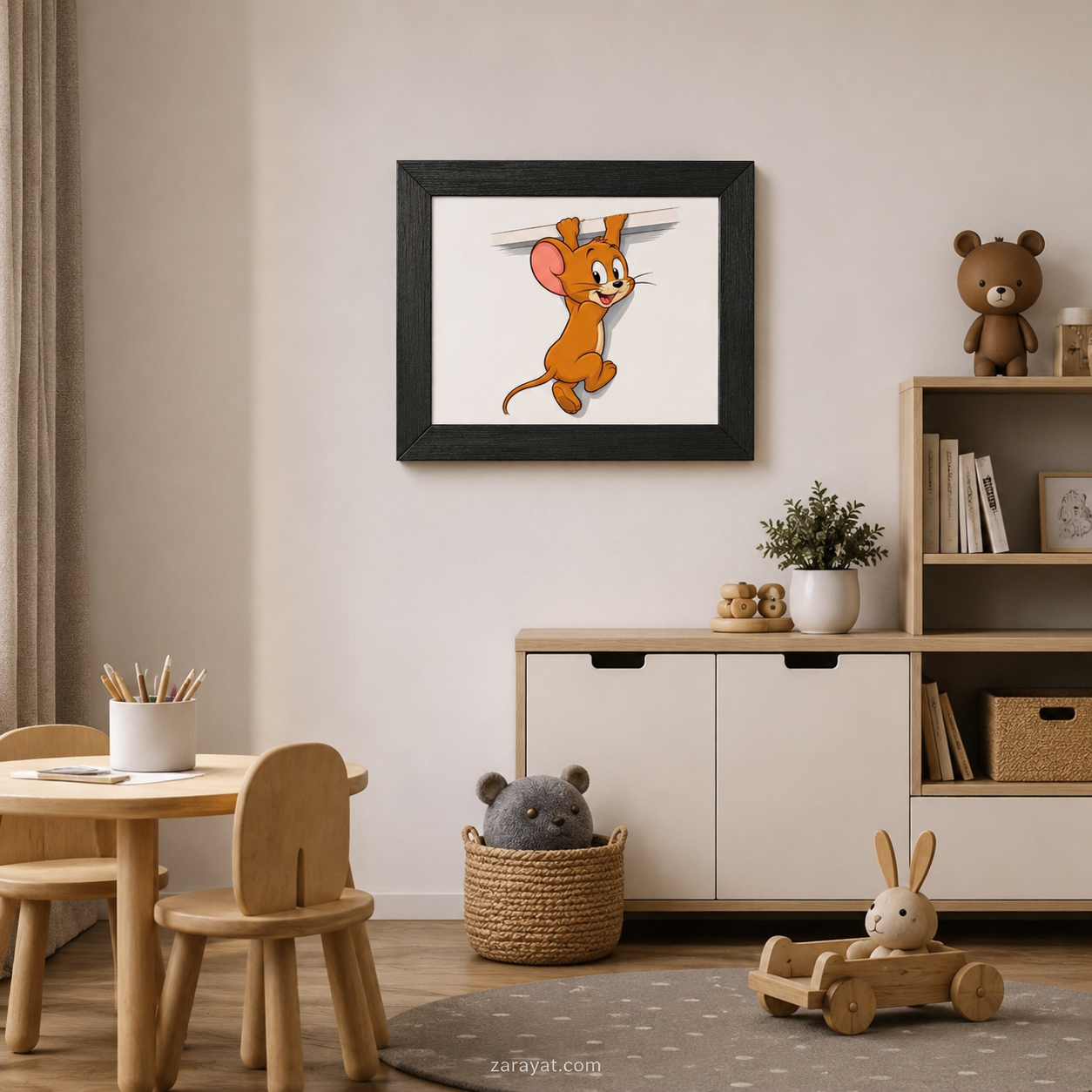 Jerry cartoon framed wall art displayed in a children's room