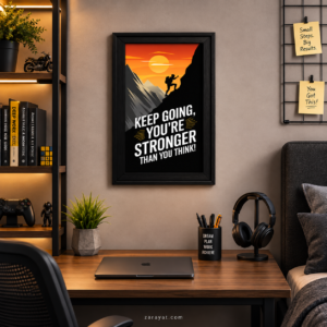 Keep Going motivational mountain wall art featuring a climber silhouette beneath an orange sunset