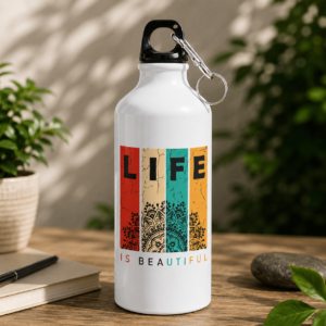 White Life Is Beautiful water bottle with colorful graphic panels and mandala-inspired artwork