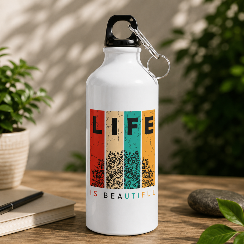 White Life Is Beautiful water bottle with colorful graphic panels and mandala-inspired artwork