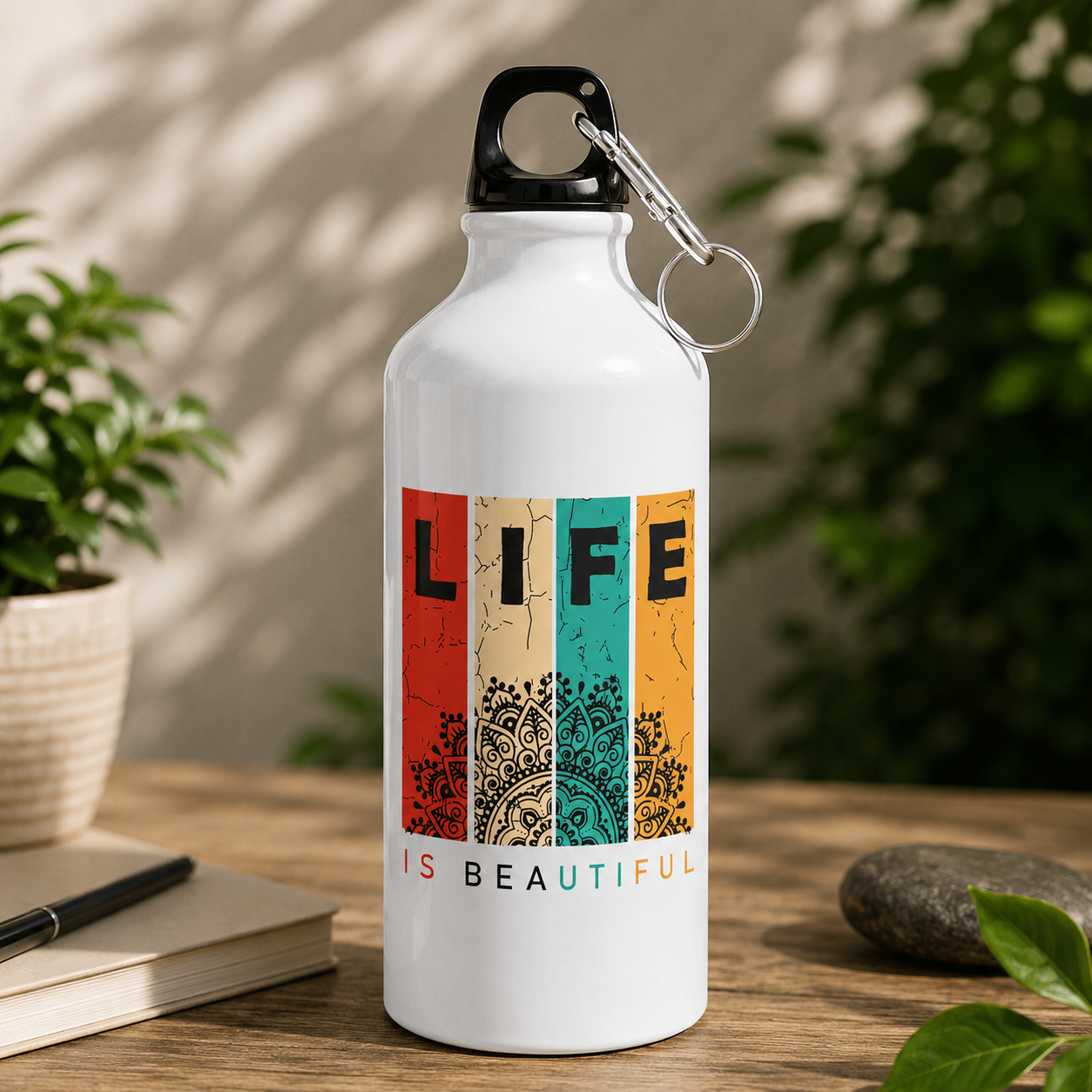 White Life Is Beautiful water bottle with colorful graphic panels and mandala-inspired artwork