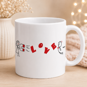 Love Mug with Red LOVE Graphic and Cute Stick Figures