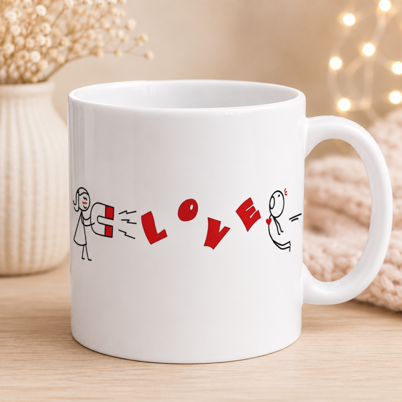 Love Mug with Red LOVE Graphic and Cute Stick Figures