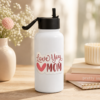 White mom water bottle with "Love You MOM" text and pink heart graphic