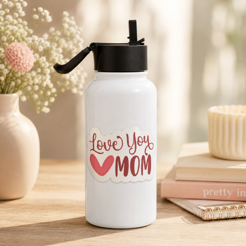 White mom water bottle with "Love You MOM" text and pink heart graphic