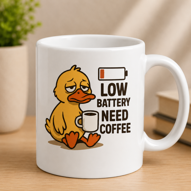 Low Battery Need Coffee sticker with a sleepy yellow duck holding a coffee cup and battery icon
