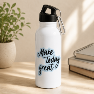 Make Today Great motivational water bottle with white body, black lid and carabiner