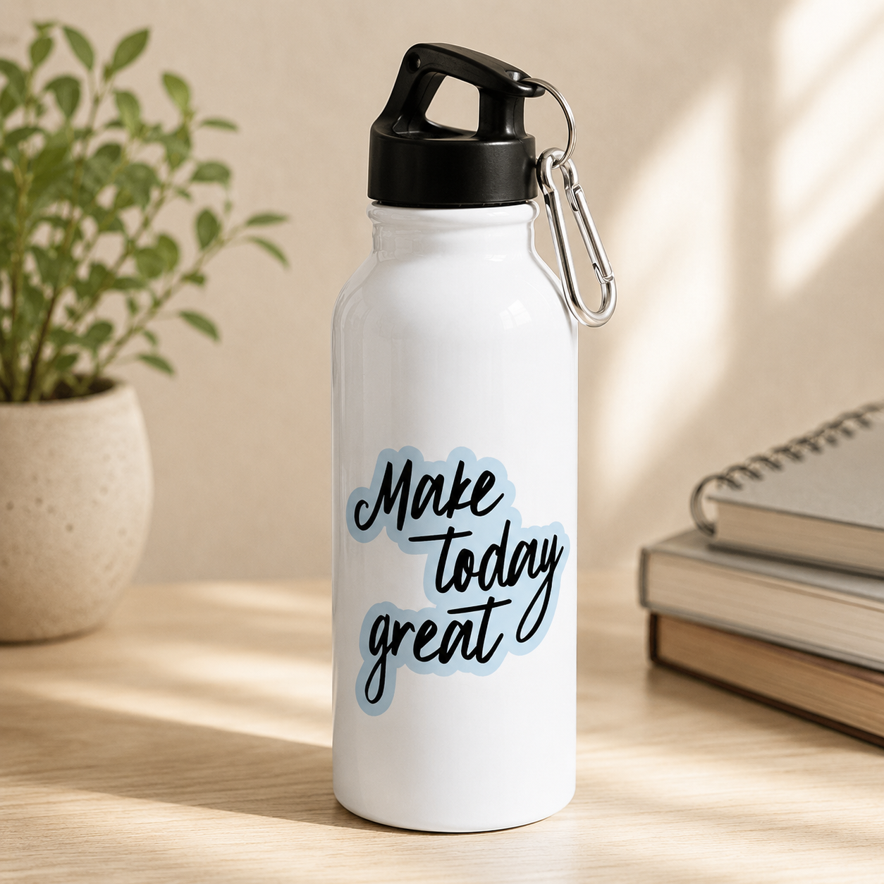 Make Today Great motivational water bottle with white body, black lid and carabiner