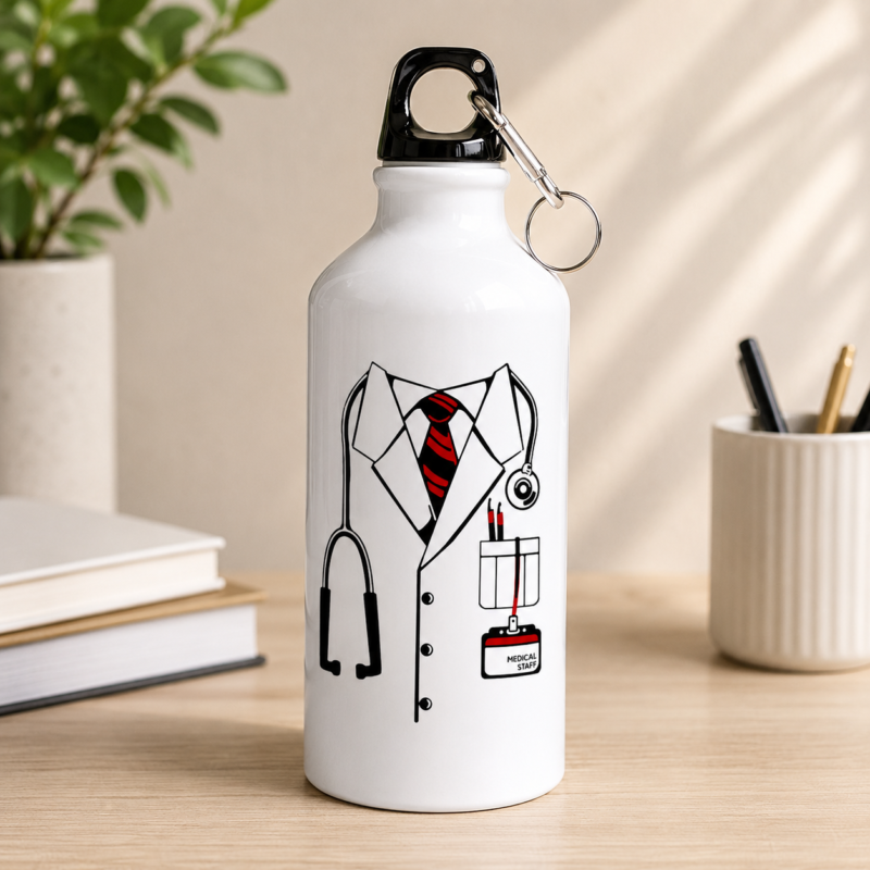 White medical staff water bottle with doctor coat, stethoscope and medical badge design