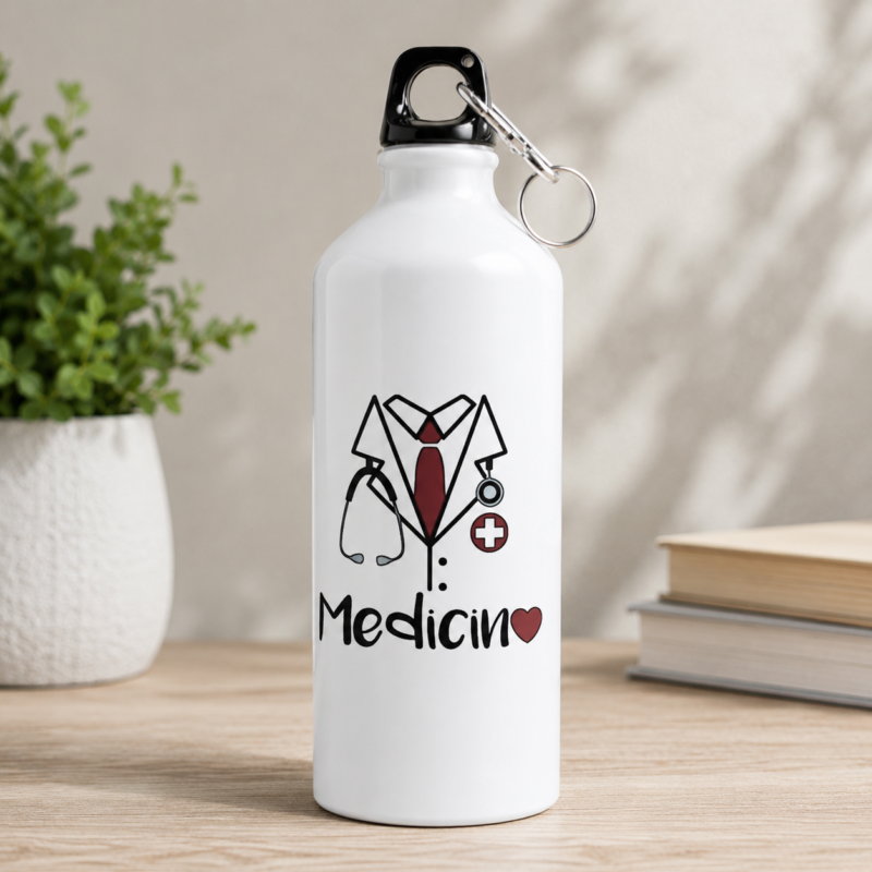 White medical student water bottle with doctor coat, stethoscope and medical cross design