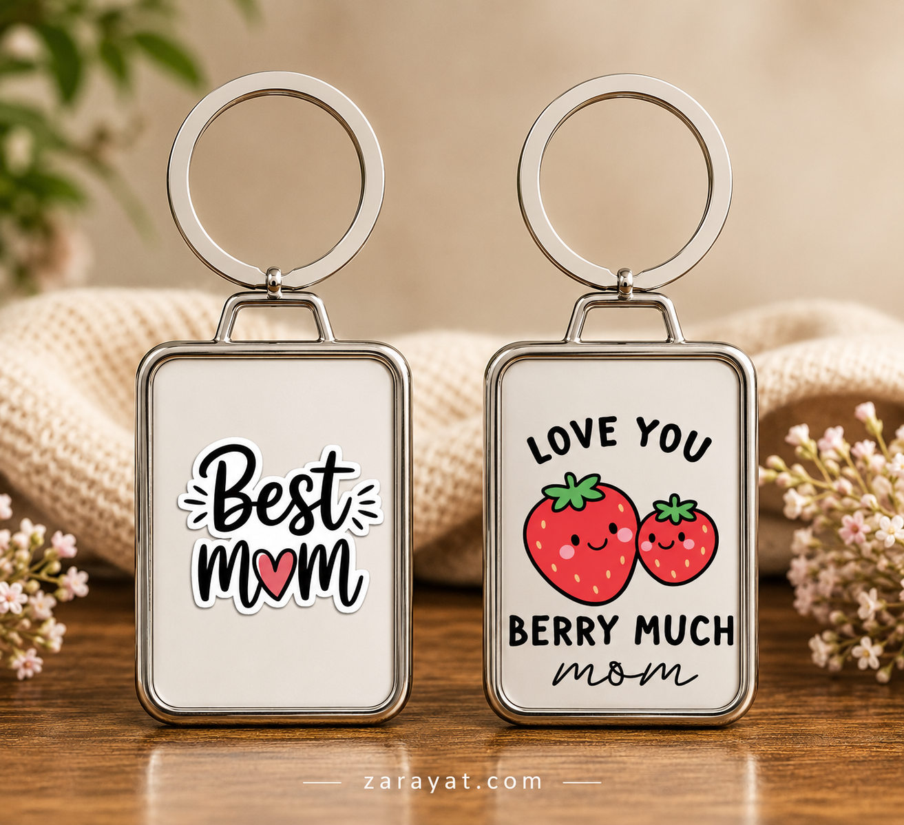 Mom keychain with Best Mom and Love You Berry Much Mom designs