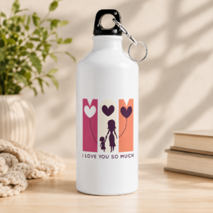 White mother daughter gift water bottle with heart balloons and “I Love You So Much” design