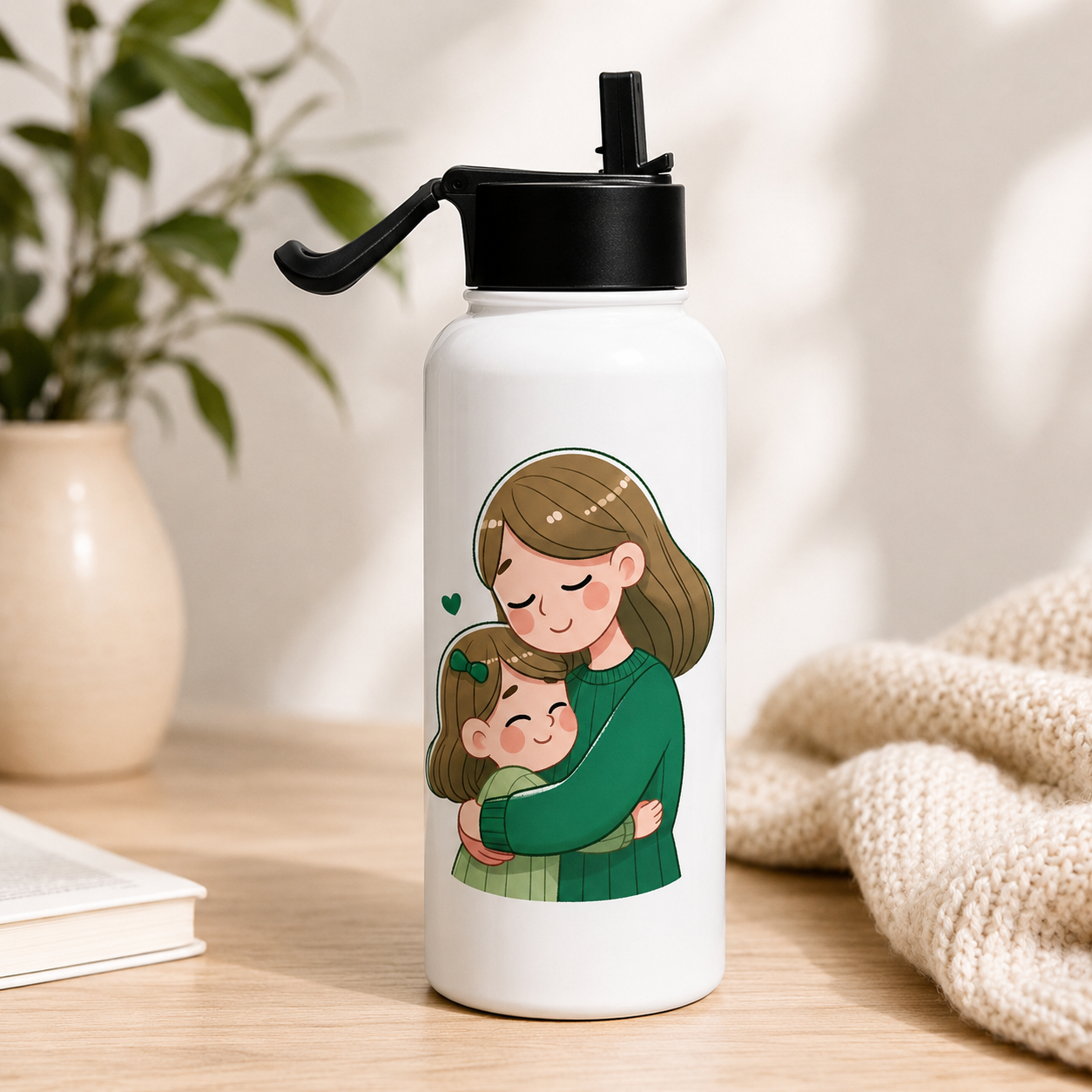 White mother daughter water bottle with a cute illustrated mother embracing her daughter and a small green heart