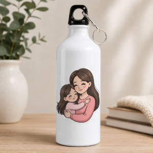 White mother gift water bottle with cute illustrated mother and daughter embracing