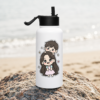 White mother and son water bottle with cute cartoon family illustration