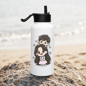 White mother and son water bottle with cute cartoon family illustration