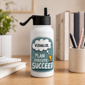 White motivational water bottle with Visualize Plan Execute Succeed graphic and trophy illustration