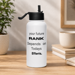 White motivational printed water bottle with “Your Future Rank Depends on Today’s Efforts” quote