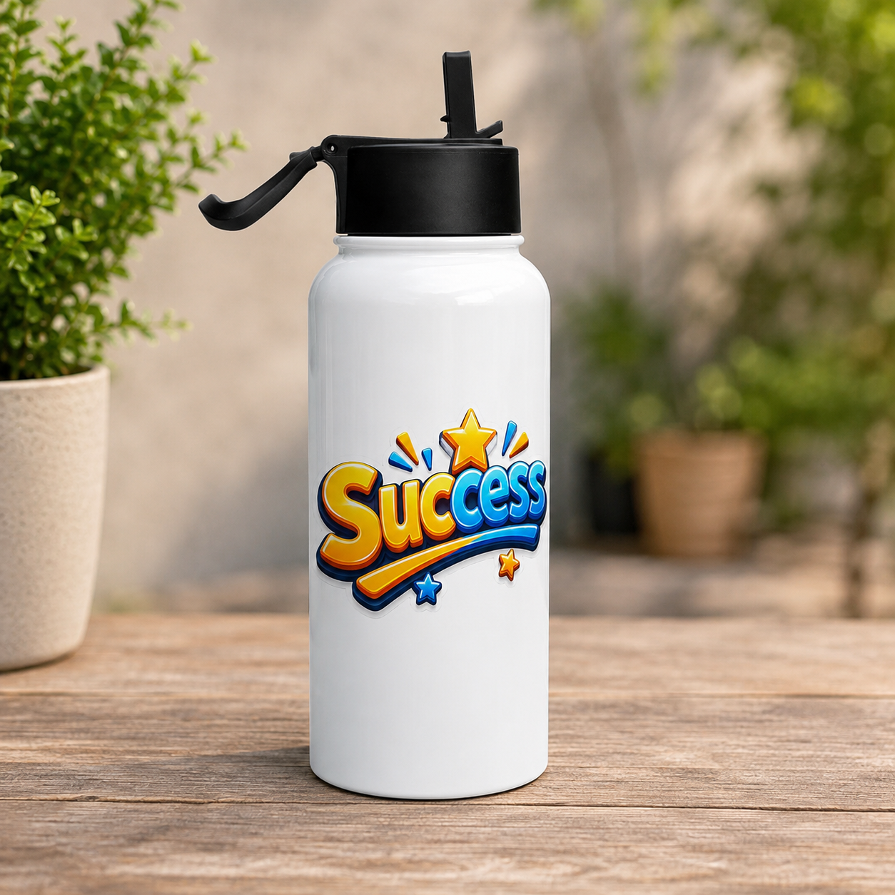 White motivational success water bottle with colorful Success graphic and star design