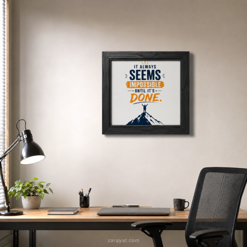 Motivational success quote wall art featuring a mountain climber and the message It Always Seems Impossible Until It’s Done